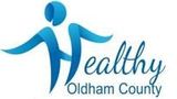 Healthy Oldham County logo with a blue abstract person and teal script text