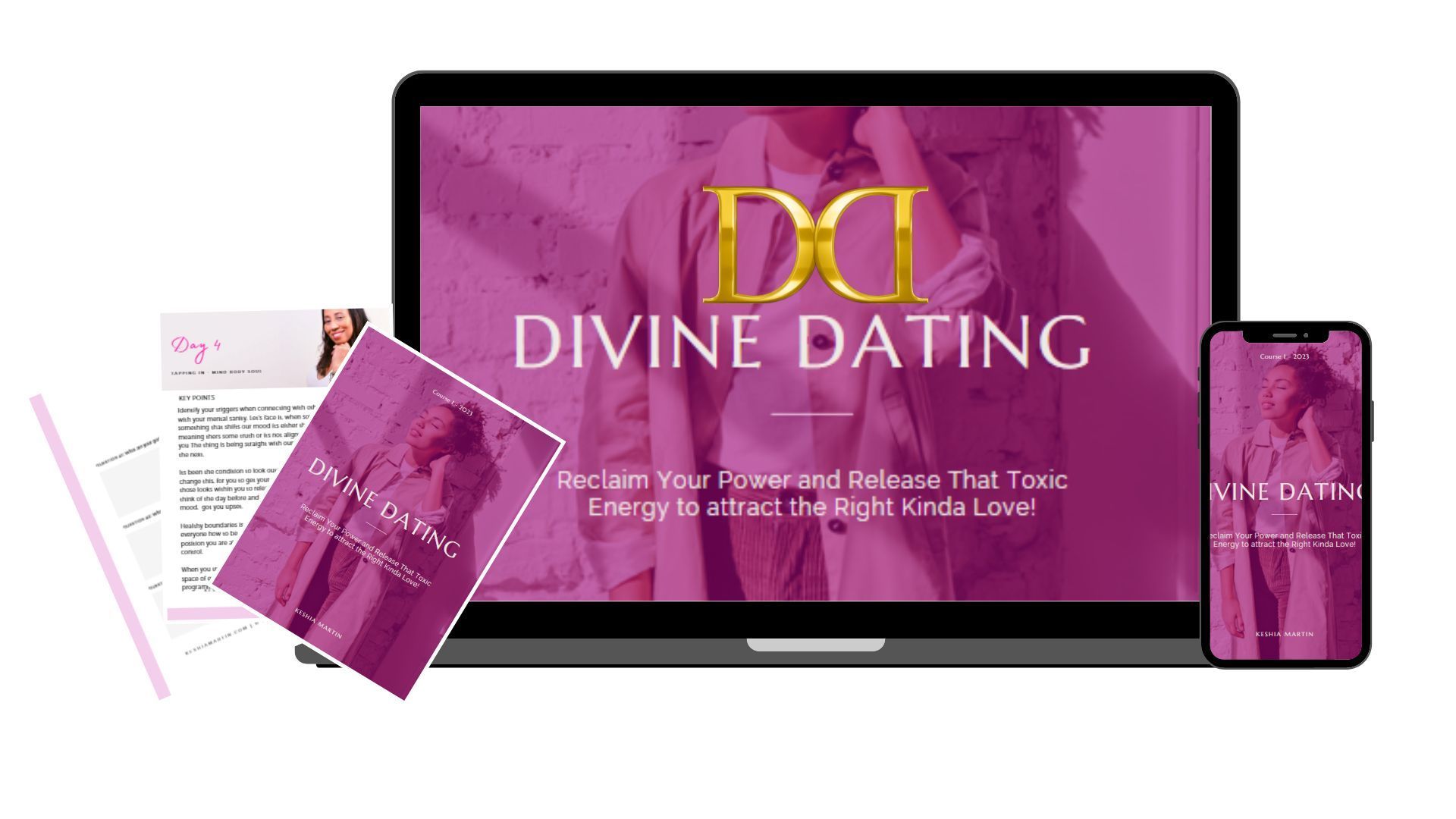 A laptop , cell phone , and a book titled divine dating.