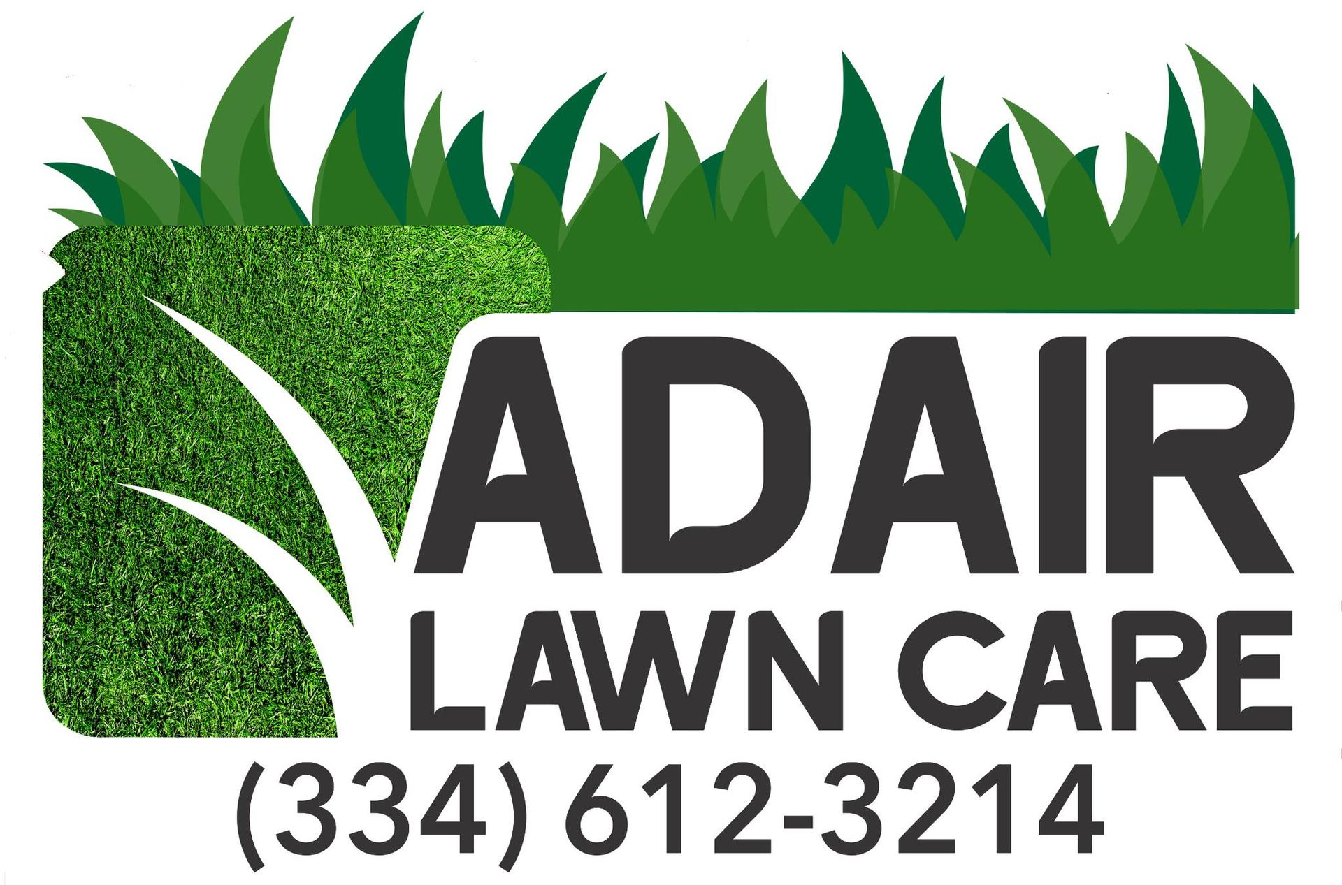 Logo for Adair Lawn Care with dark green grass motifs and the phone number (334) 612-3214.