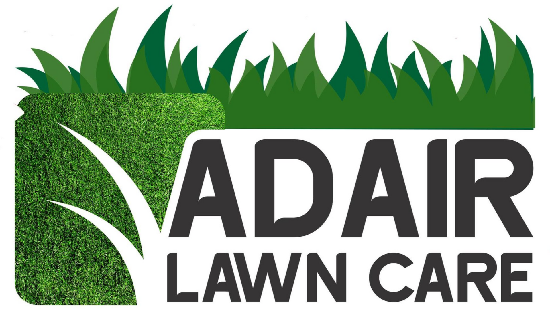 Logo for Adair Lawn Care featuring a green grassy texture, stylized white grass blades, and bold text on a white background.