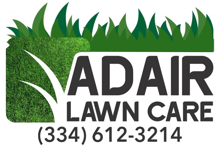 Logo for Adair Lawn Care with green grass blades, a textured green square, and phone number (334) 612-3214.
