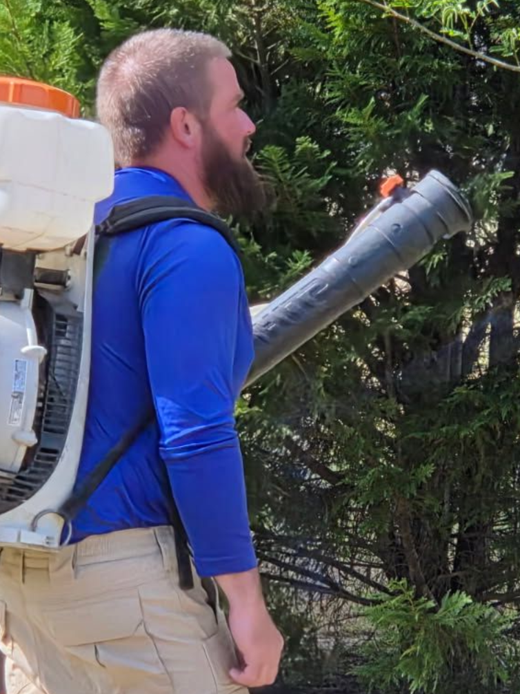 A person wearing a blue long-sleeved shirt and tan pants operates a backpack leaf blower near evergreen trees.