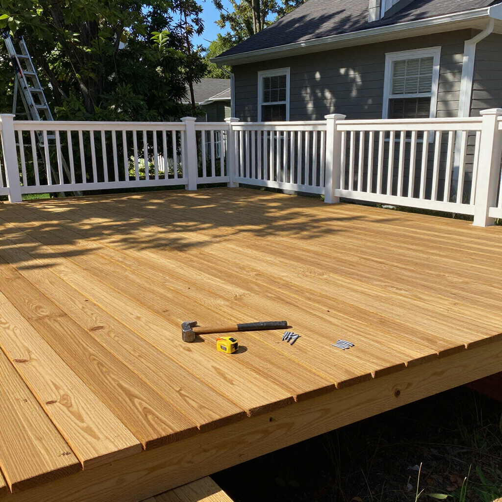 New wooden deck with white railing beside a house, tools lying on the floor.