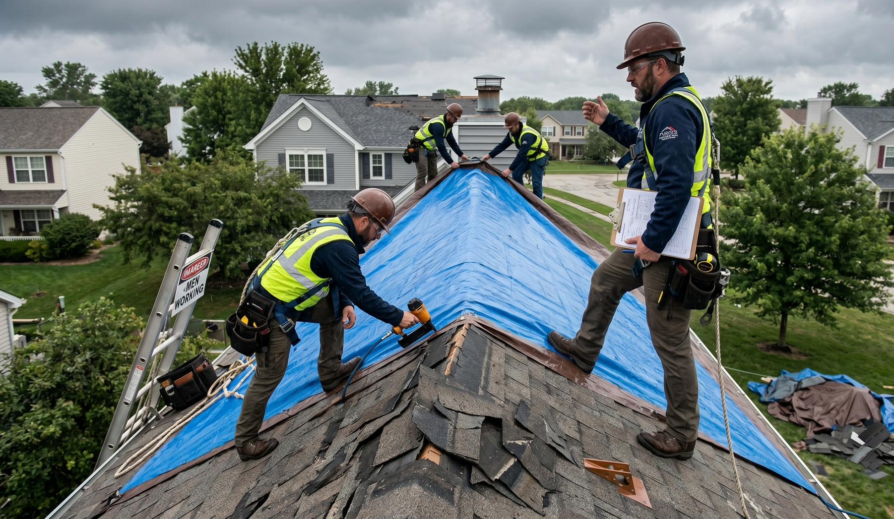 Workers tarping a roof with bright blue material after storm damage in a suburban neighborhood