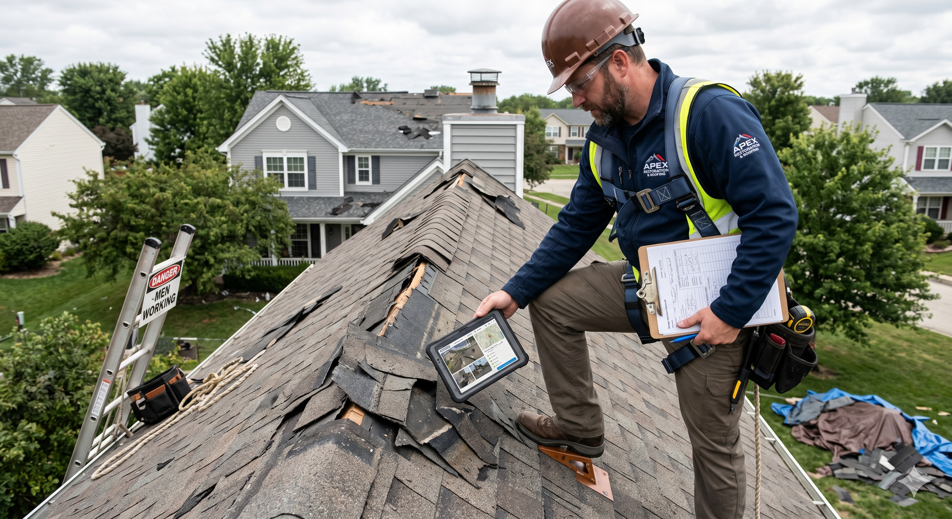 Worker inspecting storm-damaged roof with shingles missing, clipboard in hand, suburban houses in background
