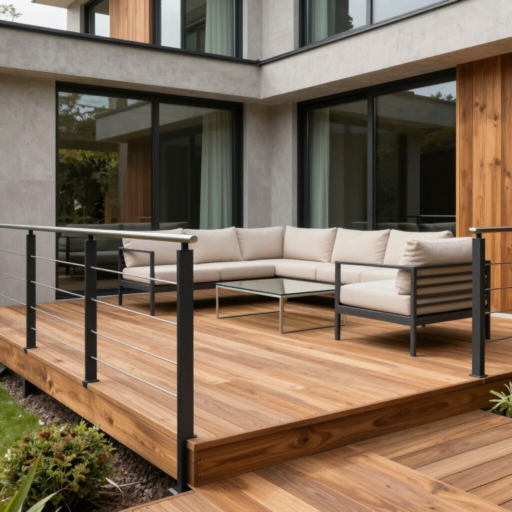 Modern wooden deck patio with beige outdoor sectional seating beside a house and black railing