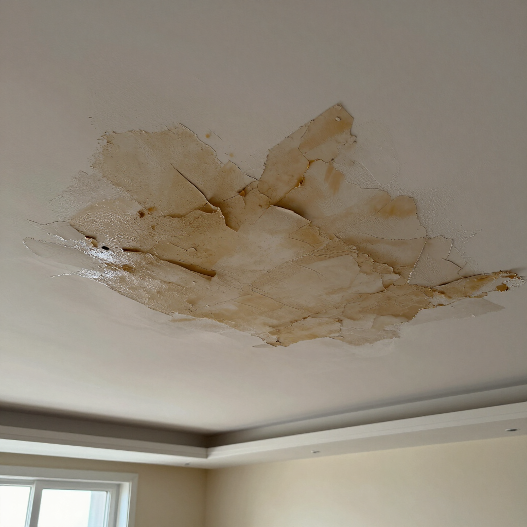 Water-stained, peeling ceiling plaster above a room corner with a window below