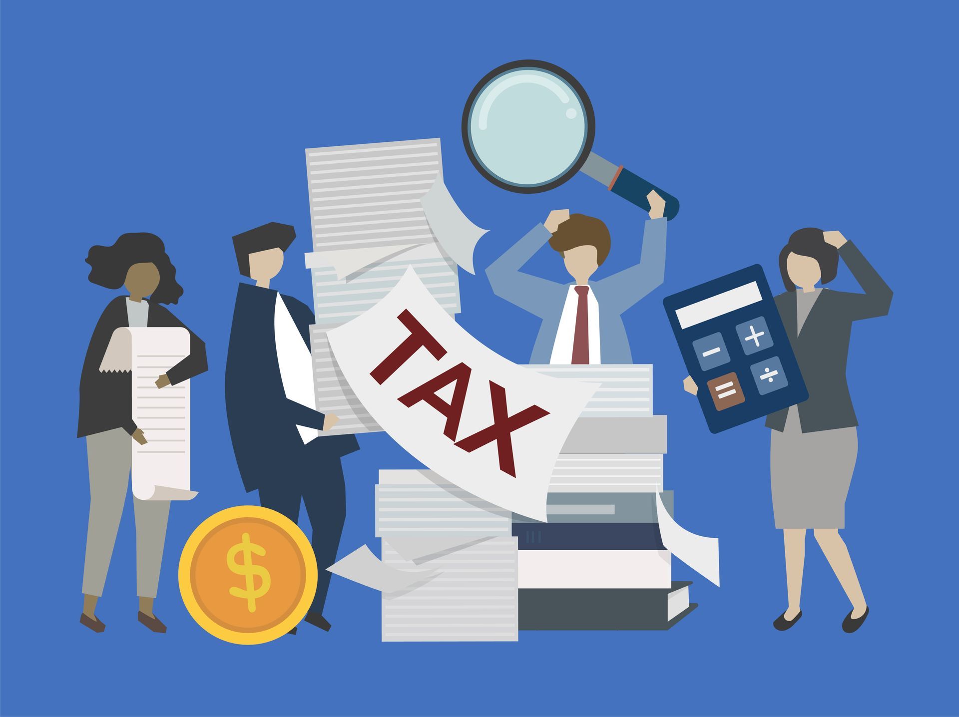 A group of people are standing around a pile of tax papers.