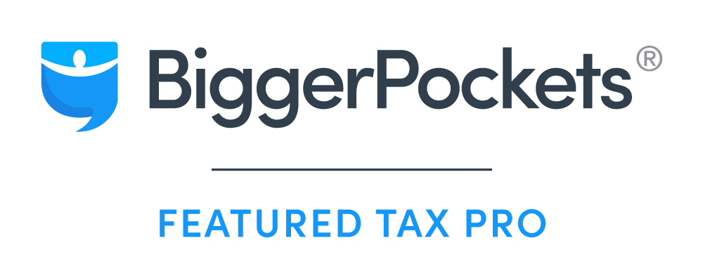 The logo for bigger pockets featured tax pro is blue and black.