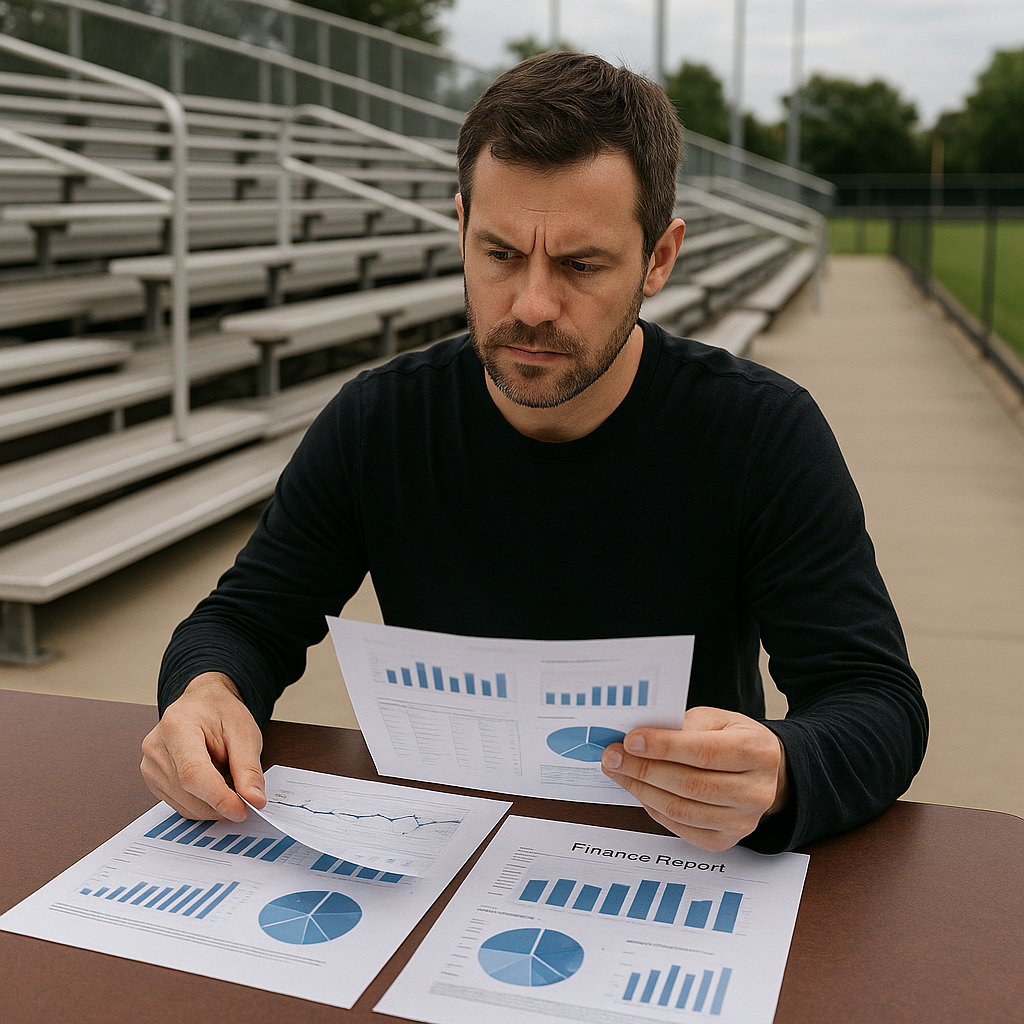 Man examining charts, sitting at a table outdoors near stadium seating. He looks concerned.