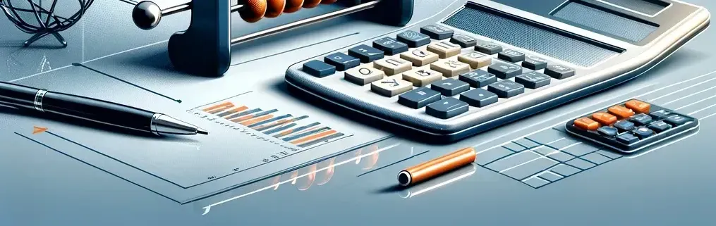 A calculator , pen , and abacus are on a table.