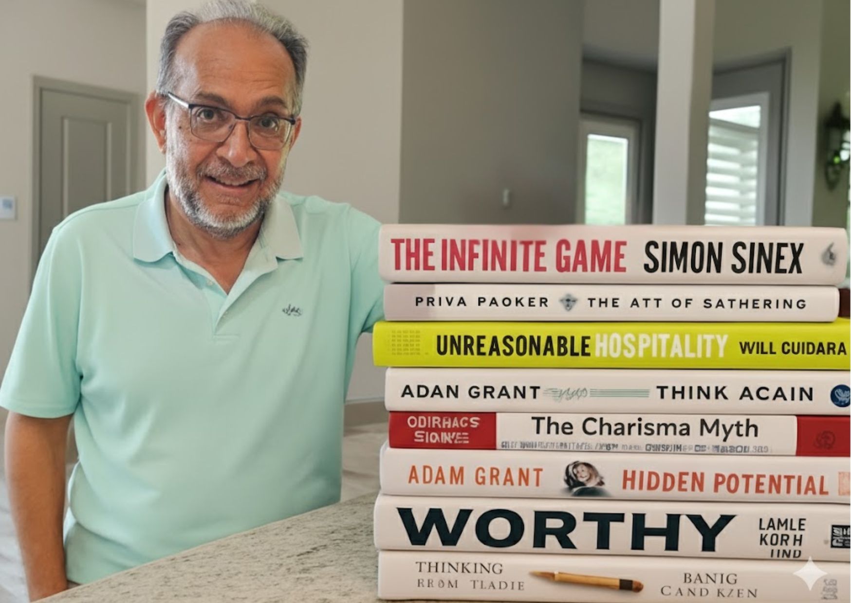 Smiling man at desk, reading book. White shirt, light-filled office, computers visible.