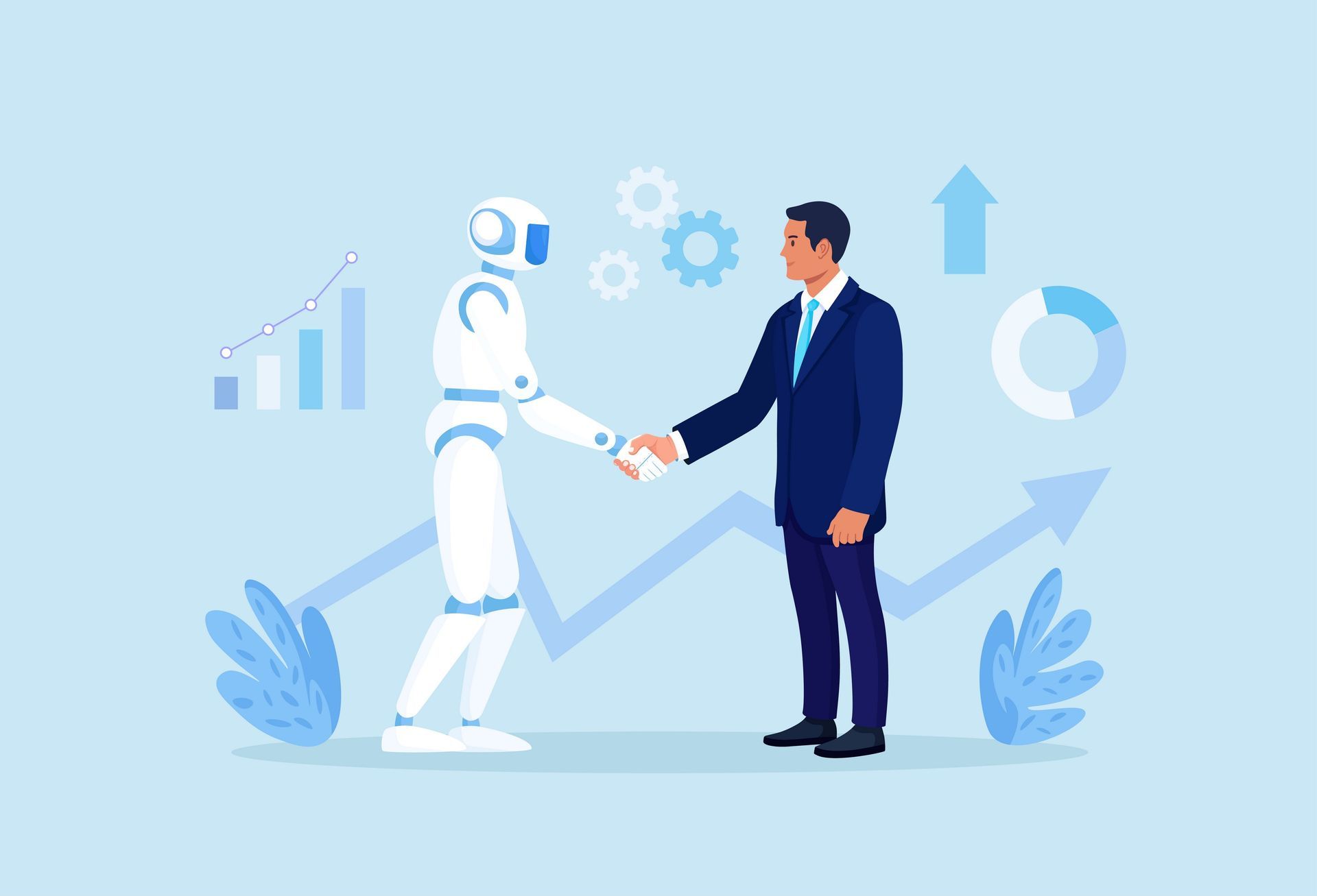 A man in a suit is shaking hands with a robot.