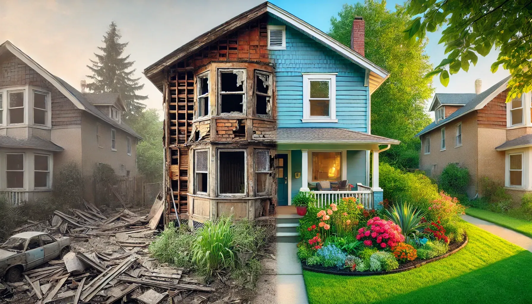 A before and after picture of a house that has been remodeled.