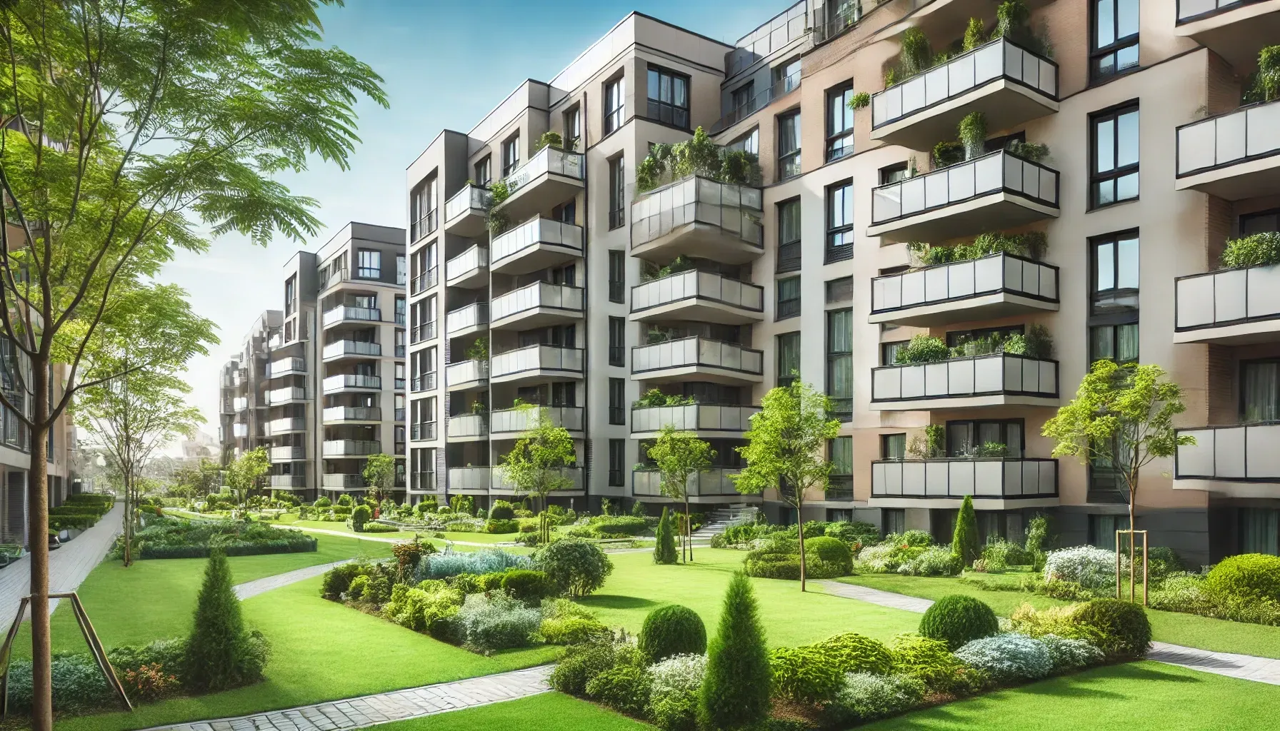 A large apartment building with a lot of balconies and trees in front of it.