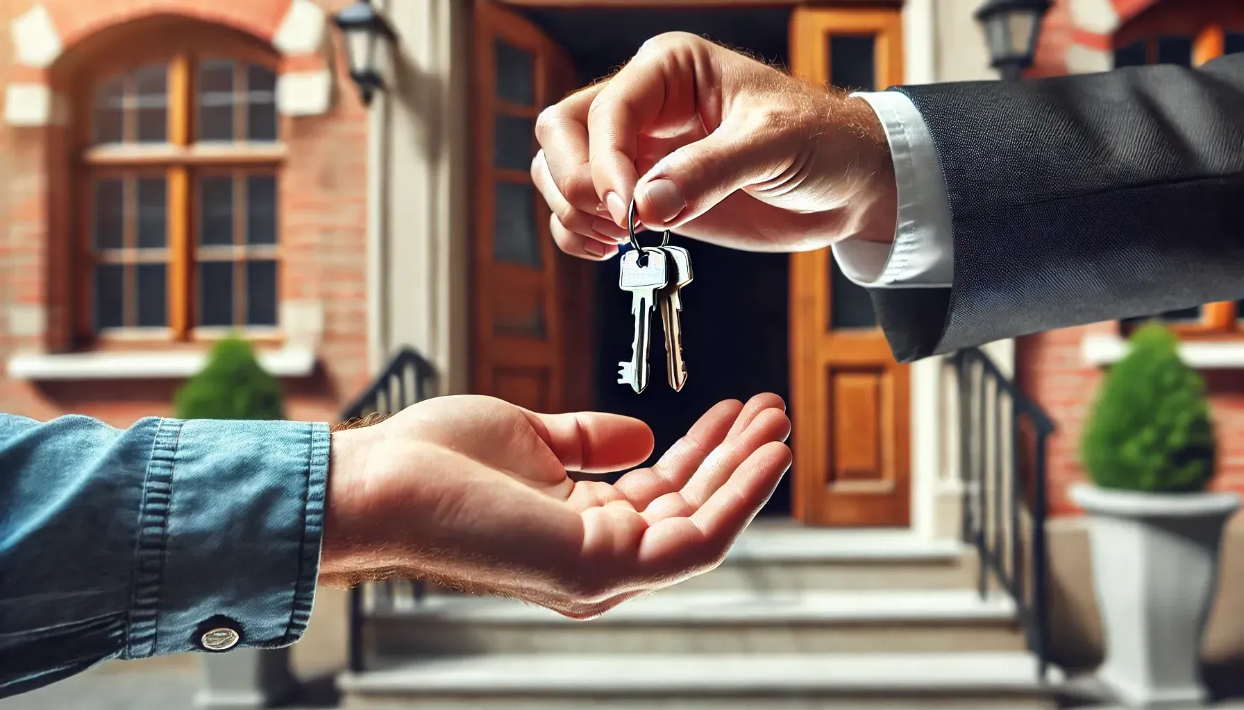 A man is handing a woman a set of keys in front of a house.