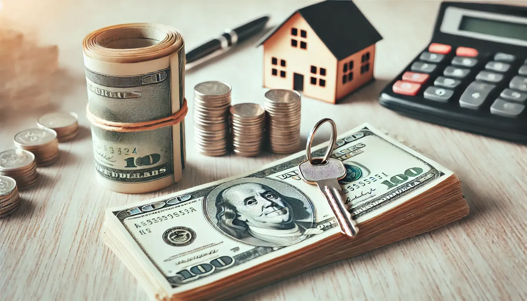 A stack of money , coins , keys , a pen , and a model house on a table.