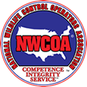 Logo of the National Wildlife Control Operators Association: a US map outlined in white over a red and blue circle with text.