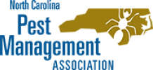 Logo for the North Carolina Pest Management Association. Blue text with brown ant over North Carolina outline.