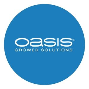 A blue circle with the oasis grower solutions logo on it