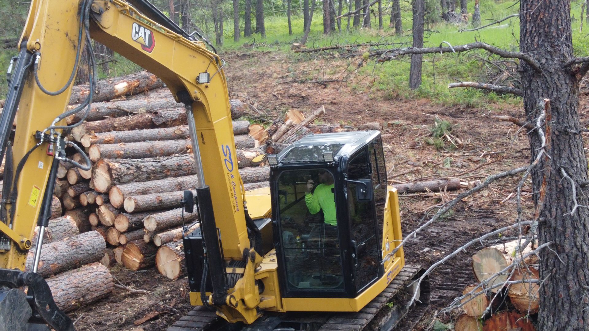 A man is driving an excavator in a forest next to a pile of logs.