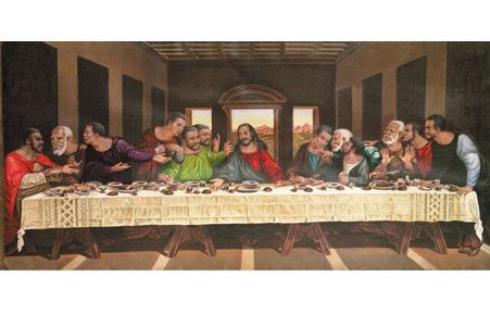 the last supper is a painting of jesus and his apostles sitting at a long table .