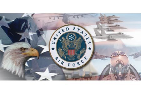 the united states air force logo is on a flag with a bald eagle .