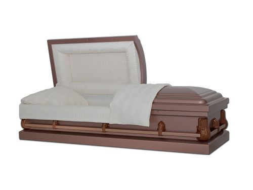 a brown coffin with the lid open on a white background