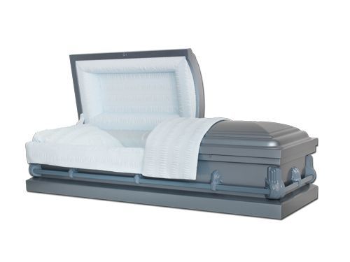 a gray coffin with the lid open and a white blanket on it .