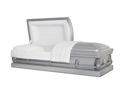 a silver casket with the lid open and a white blanket on it .