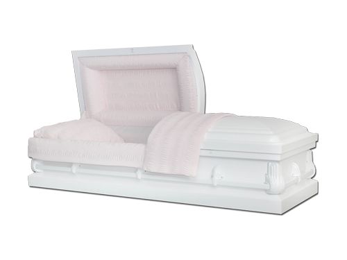a white coffin with the lid open and a pink blanket on it .