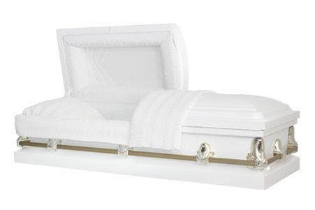 a white coffin with the lid open on a white background .