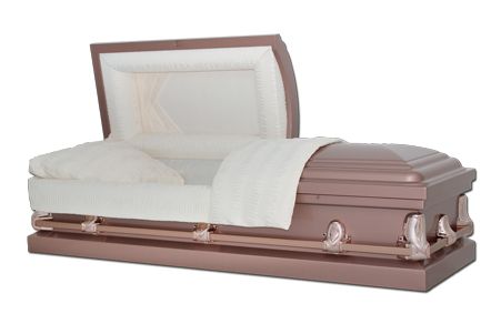 a pink coffin with the lid open and a white blanket on it .