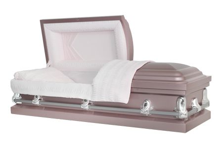 a pink coffin with the lid open and a white blanket on it .
