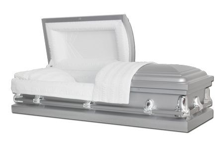 a silver coffin with the lid open and a white blanket