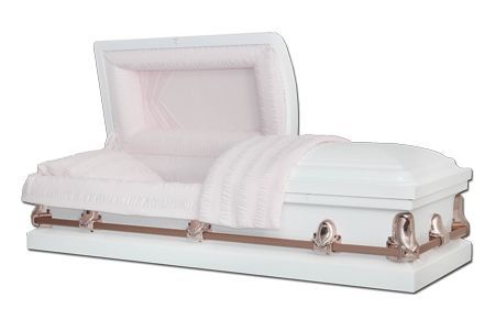a white coffin with a pink blanket on it is open on a white background .