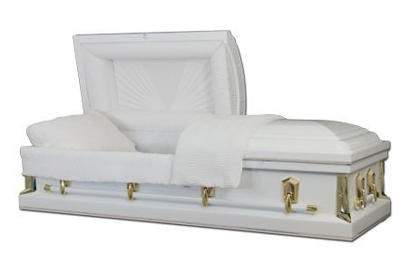 a white coffin with the lid open on a white background .