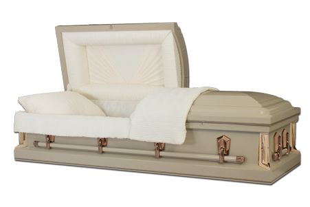 a white coffin with the lid open on a white background
