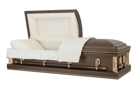 a brown coffin with the lid open on a white background .