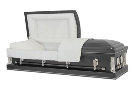 a black and white coffin with the lid open on a white background .