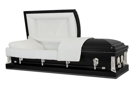 a black and white coffin with the lid open