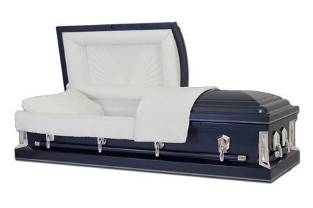 a blue and white coffin with the lid open
