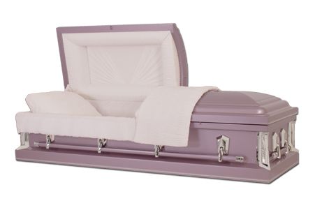 a purple coffin with the lid open on a white background .