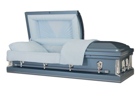 a blue coffin with the lid open and a white blanket on it