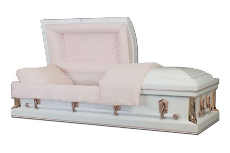 a white coffin with the lid open and a pink blanket on it .