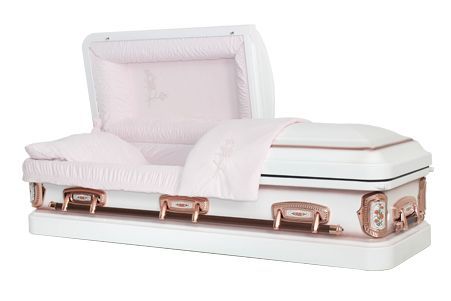 a white coffin with a pink blanket is open on a white background .