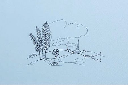 a black and white drawing of a landscape with trees and a church in the background .