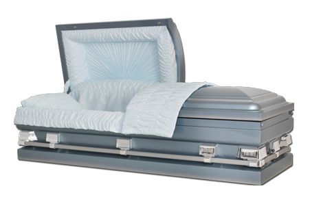 a silver coffin with the lid open and a light blue blanket
