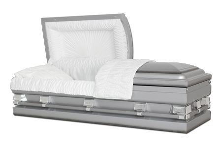 a silver casket with the lid open and a white blanket on it .