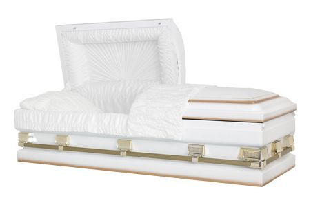 a white coffin with the lid open on a white background